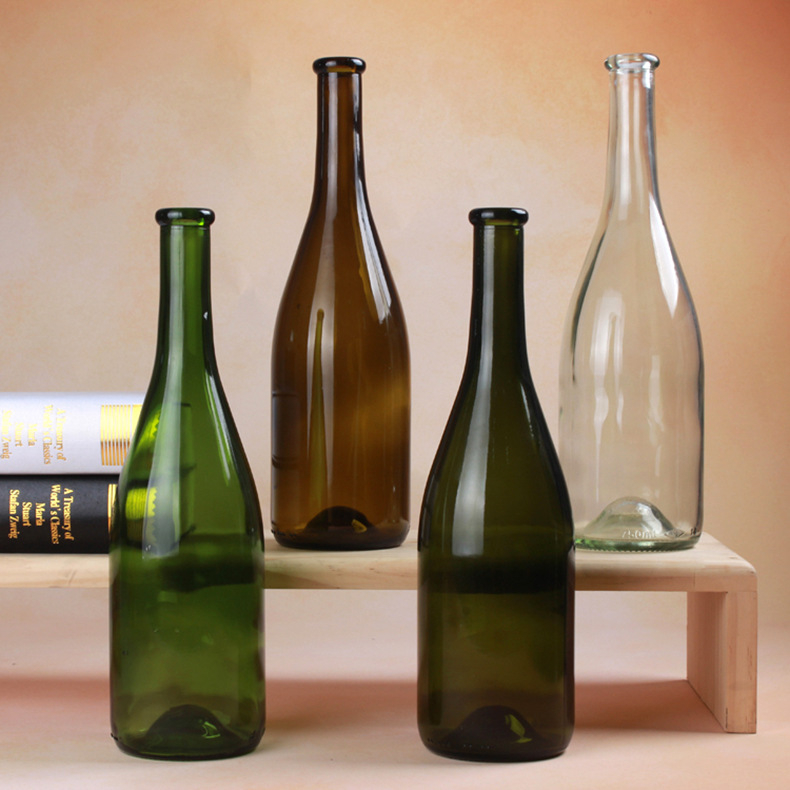 Botellas de vidrio de vino rojo burdeos de color verde oscuro de 700 ml con tapas de corcho