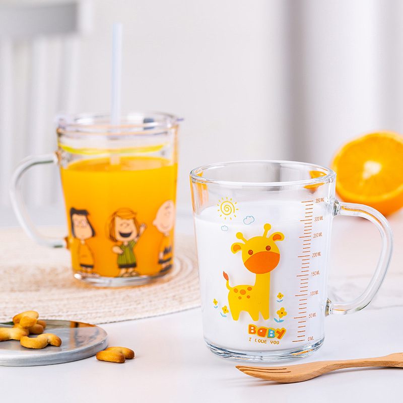 Vasos de vidrio impresos de alta calidad de 350 ml con asa para niños