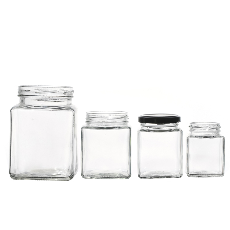 Jares de vidrio cuadrados personalizados con tapas Flint Clear 50ml 80ml 100ml 150ml 200ml 250ml 350ml 500ml 730ml Uso de alimentos Venta caliente