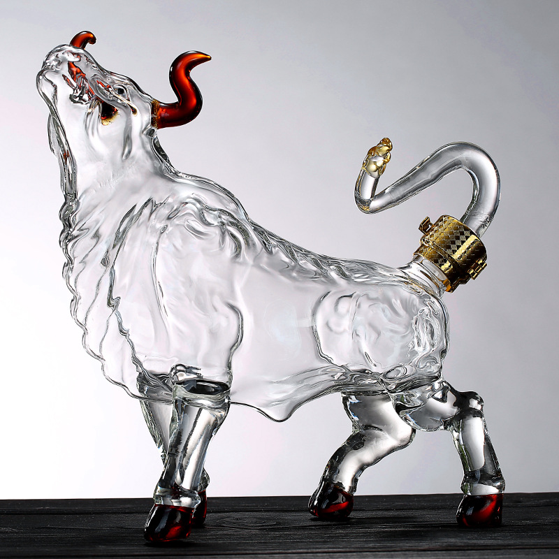 Botella de licor de vino de cristal de lujo Bull Design 1000ml con tapa de goma